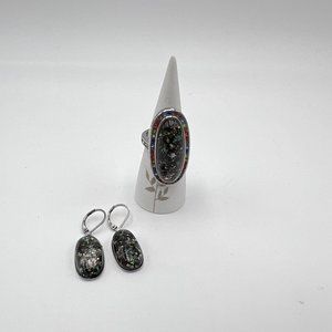 Stainless Steel 316L Black Oval Opal Ring Earrings Set Sz 7.25 Marked